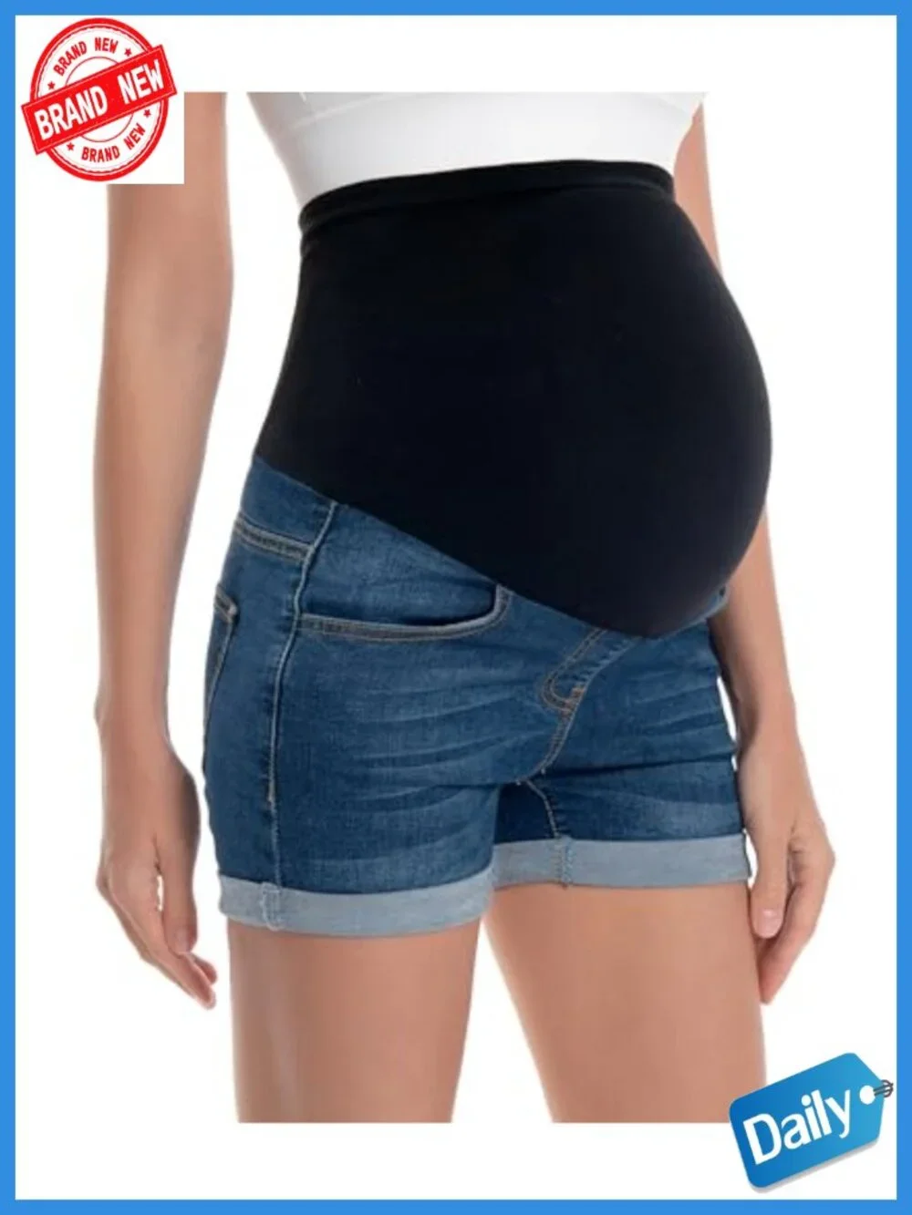 Maternity Denim Shorts Distressed Cuffed Hem Jean Short High Waisted Full Panel